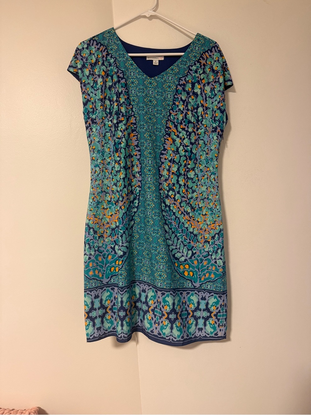 Isaac Mizrahi Teal Blue Printed V-Neck Mini Dress